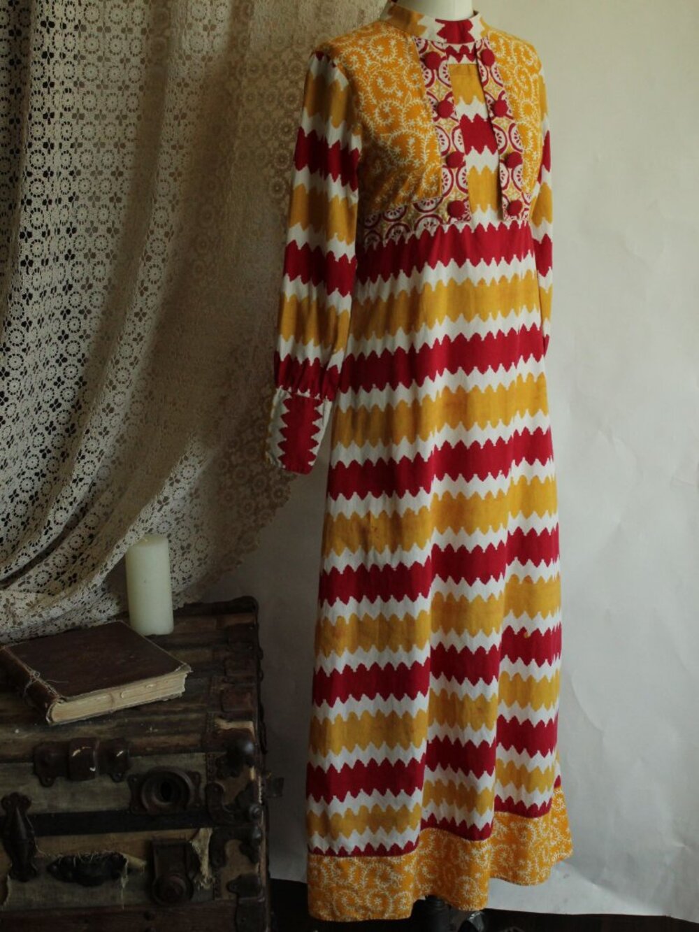 Vintage 1990s Y2K Maxi Dress, Red and Yellow Cotton 1960s Inspired Boho Full Len - Picture 8 of 14